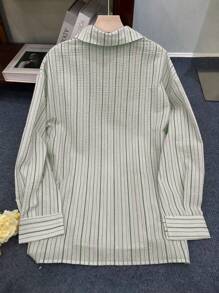 INAWLY 女士标准尺码休闲条纹长袖衬衫，适合外出和度假 - 綠色 - 查看 2