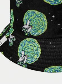 Rick and Morty X SHEIN Cartoon Pattern Reversible Black Bucket Hat - Black - View 4