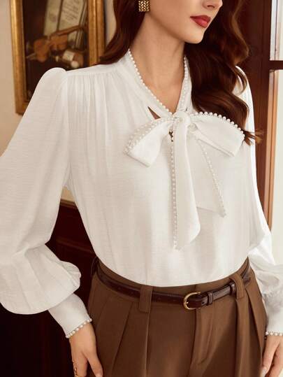 Vintamour Vintage Classic Elegant Women's Blouse, Loose Fit Shirt With Pearl Ribbon Bow Collar, Long Sleeve Beige Blouse For Summer & Autumn Teacher Outfits For Women Fall Women Clothes Going Out Tops Women Business Casual Woman Office Outfits For Women White Outfits For Women Old Money Style Women Classy Outfits For Women Flowy Top Vintage Clothes Women
