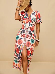 Travachic 大码女式热带花卉印花长裙，定位印花，前系蝴蝶结浪漫短袖连衣裙开衩花卉长裙女式度假连衣裙花卉中长裙印花长裙波西米亚长裙波西米亚风度假装假日装都市海岸风格乡村装复古服装教师装返校外出装 - 彩色 - 查看 3