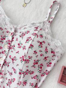SHEIN Váy liền thân chữ A ren họa tiết hoa tương phản mùa hè dành cho bé gái tuổi teen, đồ mặc nhà thường ngày - Đỏ và trắng - Xem 6