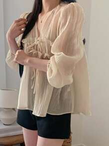 DAZY Women's V-Neck Loose Patchwork Frill Trim Front Tie Lantern Sleeve Blouse Long Sleeve Top