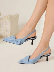 CUCCOO CHICEST 女士优雅浪漫蝴蝶结尖头小猫跟高跟鞋，浅蓝色面料鞋面，一脚蹬款式，适合下午茶、约会、派对、时尚装扮，秋冬 - 藍色 - 查看 3