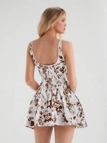 Glamine 杏色蓝色花卉复古优雅无袖编织纽扣蕾丝下摆A字迷你公主裙，蓝色花卉印花，春夏