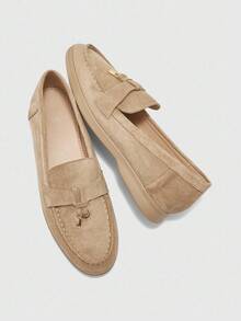 CUCCOO BIZCHIC 女士杏色绒面革舒适休闲乐福鞋，百搭平底一脚蹬鞋，适合户外、工作、日常穿着 - 杏色 - 查看 3