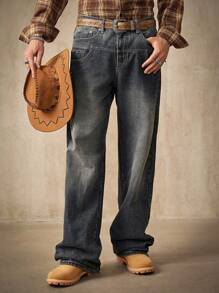 Manfinity Homme Jeans de mezclilla lavada azul grisácea de corte holgado, primavera/verano - Azul lavado medio - Ver 5