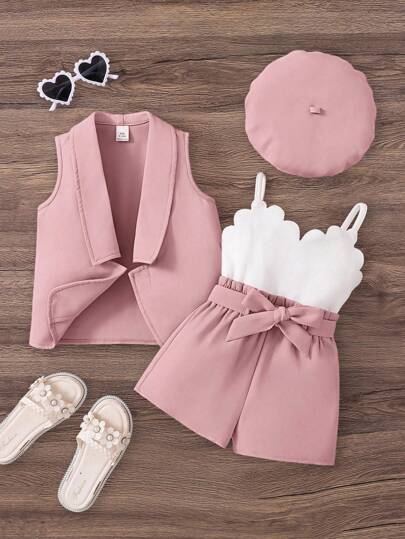 SHEIN 3件套女婴纯色针织开衫+针织连体衣+帽子套装