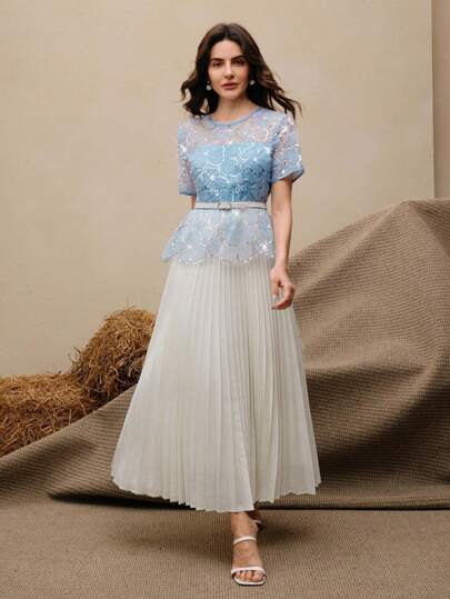 Anewsta 女士优雅花卉印花网眼 A 字褶皱腰圆领短袖连衣裙