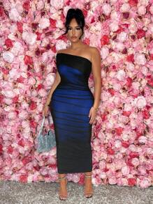 SHEIN SXY 大码女式情人节黑色网眼撞色紧身单肩连衣裙，适合日常穿着、约会之夜、生日、单身派对装、派对、舞会、情侣约会、优雅、休闲、购物、街头穿着、户外、性感、易于搭配且看起来苗条，凸显您的身材，修饰您的身材 - 寶藍色 - 查看 5