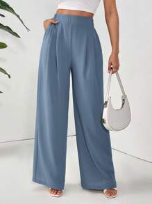 SHEIN Essnce Women's Casual Versatile Solid Color Wide Leg All-Match Pants - Dusty Blue - View 6