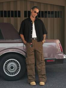 AXEPEAK 多尺寸翻领短袖宽松男士衬衫，手工刺绣花卉图案 - 黑色 - 查看 5