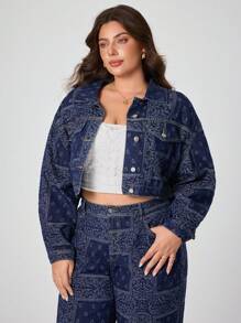 SHEIN Essnce 大码女式时尚提花牛仔夹克，长袖深蓝色牛仔衬衫 - 深色水洗藍 - 查看 2