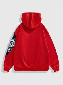 ROMWE MEN Anime Men's Casual Eye Print Hooded Pullover Sweatshirt, Autumn/Winter - Red - View 2