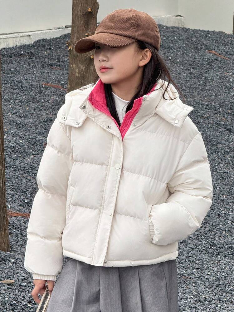 Tween Girls' Korean Style Hooded Colorblock Padded Coat, Winter