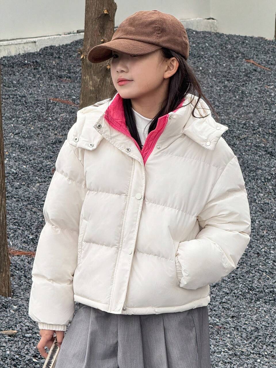 Tween Girls' Korean Style Hooded Colorblock Padded Coat, Winter