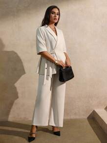 Juhart Plus Size Women Elegant Simple Tie-Up Apricot Thin Blazer