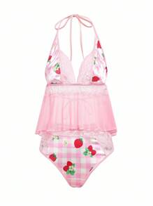 Happy Jammies Women Contrast Lace Plaid Halter Sexy Lingerie Set - Pink - View 6