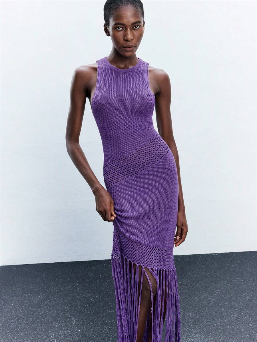 Maija 女式紫色无袖镂空纹理面料流苏下摆修身连衣裙，时尚性感，度假波西米亚风格音乐节庆祝西式连衣裙，节日装扮圣诞节万圣节派对礼服，乡村风格