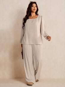 Elaquor Conjunto casual de 2 piezas de blusa de manga farol de cuello cuadrado y pantalones de unicolor para mujer de talla grande - Albaricoque - Ver 5