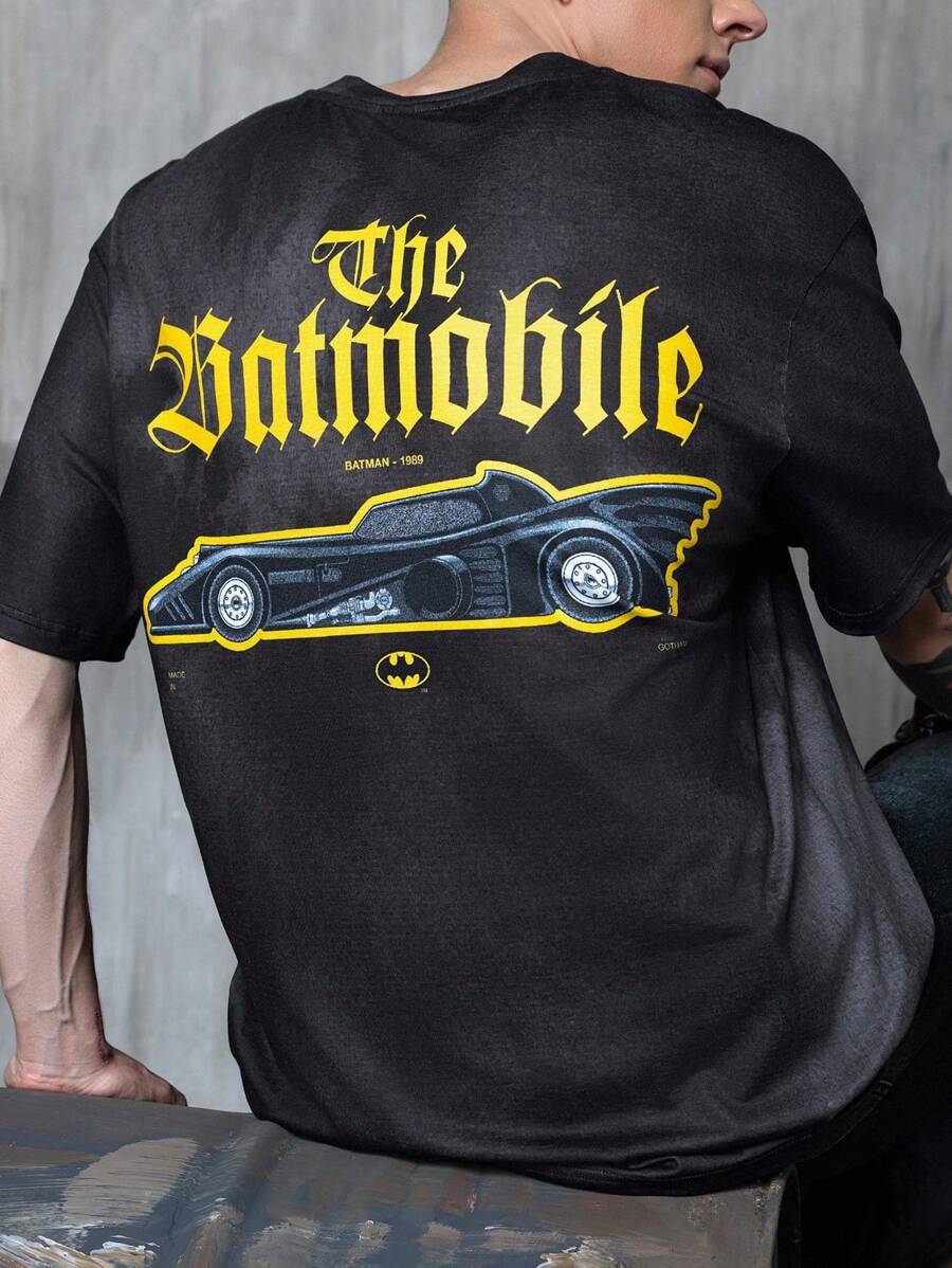 BATMAN X SHEIN Men's Letter Graphic Black Round Neck Short Sleeve T-Shirt Batmobile T Shirt Car Graphic Tees Men - Black - View 1