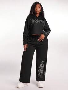 SHEIN SXY Sudadera con capucha con aplicaciones de rhinestones para mujer de talla grande en otoño e invierno