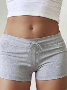INAWLY Plus Size Summer Casual Solid Color Drawstring Low Waist Shorts - Grey - View 1
