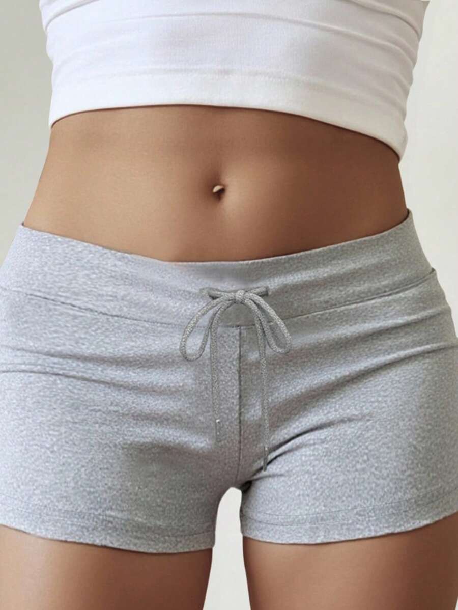 INAWLY Plus Size Summer Casual Solid Color Drawstring Low Waist Shorts - Grey - View 1