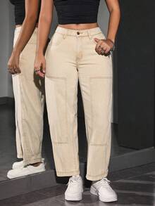 SHEIN PETITE Jeans casuales de corte holgado con bolsillos y vuelo para mujer - Mostaza Amarilla - Ver 3