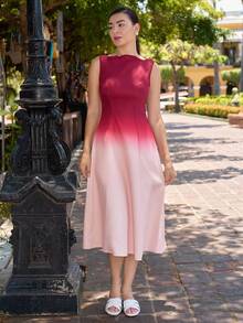 Andrea Bello Women's Elegant Red Ombre Sleeveless Cinched Waist Voluminous Design Dress - Red - View 6