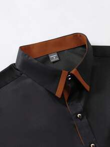 Manfinity Mode Chemise à manches longues décontractée pour hommes, noire avec patchwork de couleur contrastante, automne