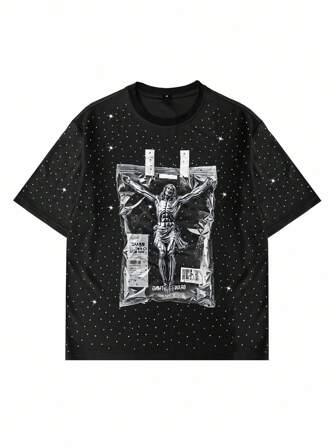 Goth Herren Schwarzes T-Shirt mit Diamant Muster, Kurzarm