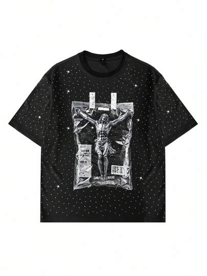 Goth Herren Schwarzes T-Shirt mit Diamant Muster, Kurzarm