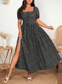 SHEIN Clasi 大码女式优雅浪漫碎花蝴蝶结领高开衩泡泡袖时尚连衣裙，春夏 - 黑與白 - 查看 5