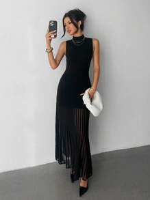 Elenzga Women's Elegant Fitted Mock Neck Organza Patchwork Hem Sweater Dress