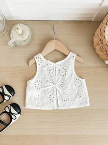 SHEIN LMoss Kids Babygirl 可爱夏季休闲百搭白色花卉刺绣吊带背心 - 白色 - 查看 2