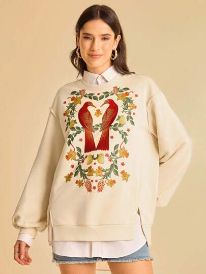 CAJUNI Women's Tropical Bird & Plant Print Casual Vacation Sweatshirt With Slit Hem And Puff Sleeves In Fall/Winter
