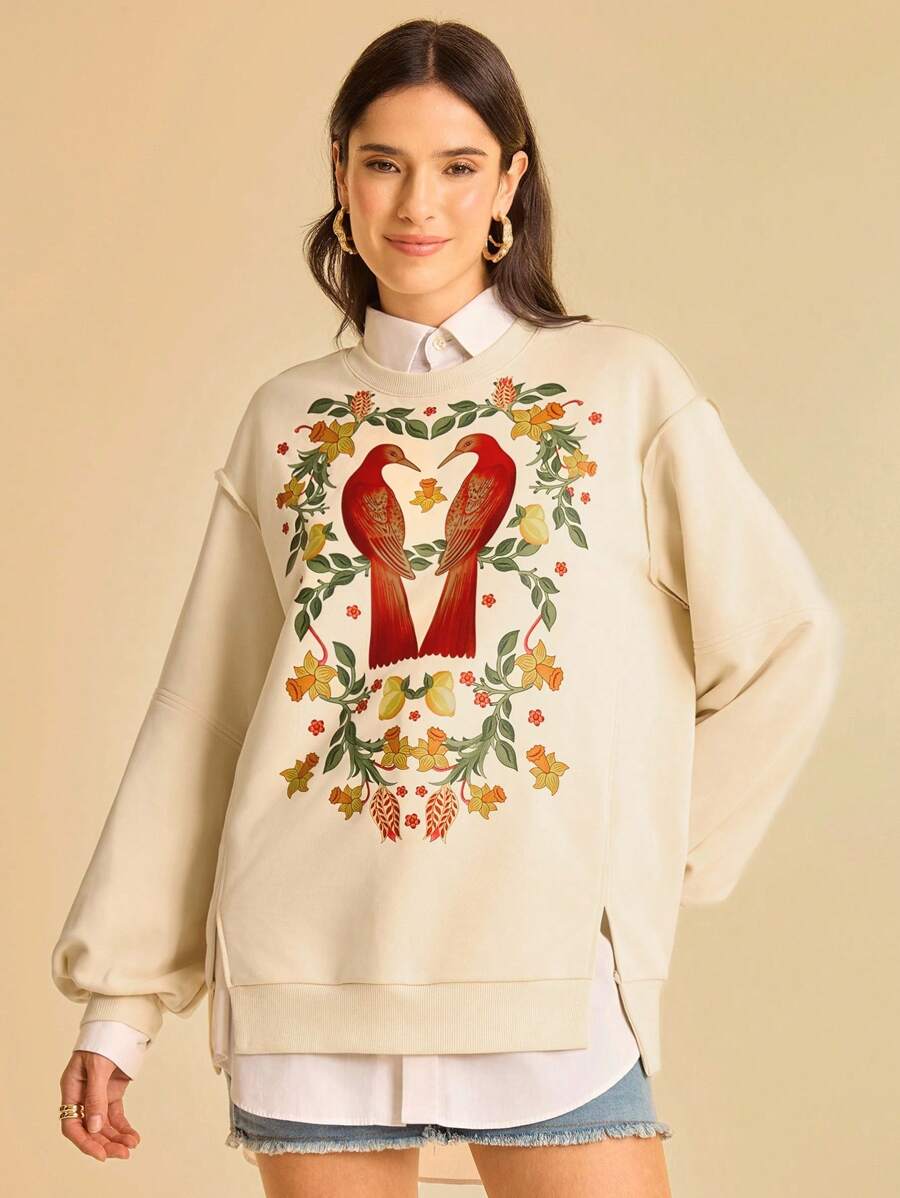CAJUNI Women's Tropical Bird & Plant Print Casual Vacation Sweatshirt With Slit Hem And Puff Sleeves In Fall/Winter - Multicolor - View 1