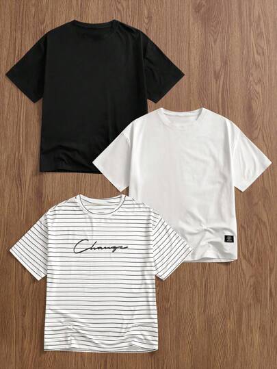 Manfinity VCAY 3 piezas Camisetas de manga corta de cuello redondo casuales y holgadas con estampado de rayas para hombres, multipack, verano