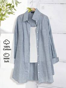 Rusticease Áo sơ mi sọc dài tay cỡ lớn, trang phục mùa thu cho nữ - Xanh và trắng - Xem 3