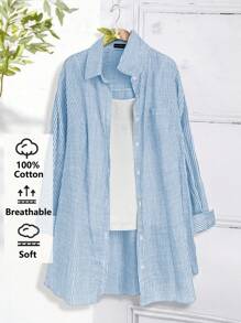 EMERY ROSE 大码长袖休闲条纹衬衫，秋季女装 - 霧霾藍 - 查看 1