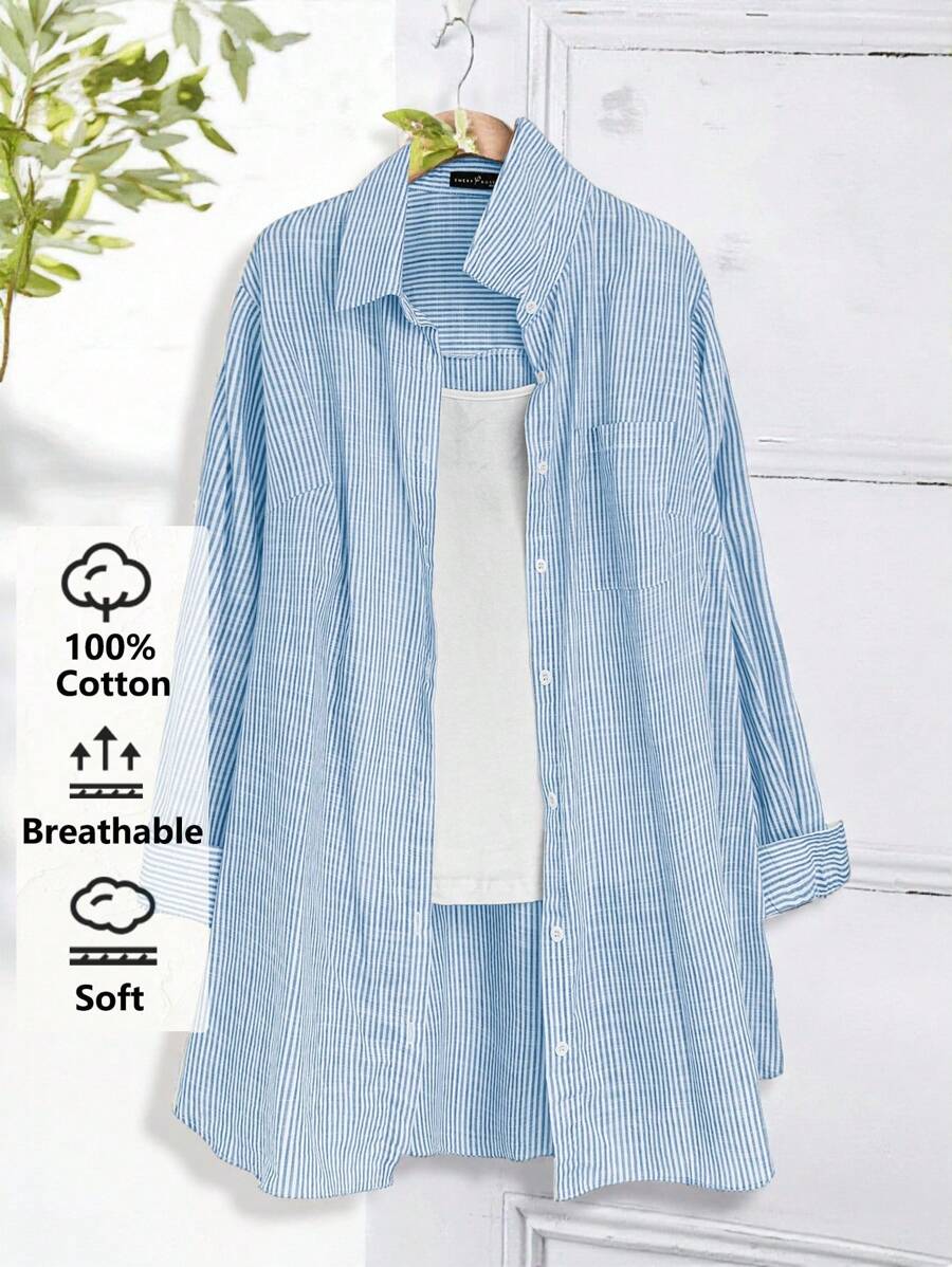 EMERY ROSE 大码长袖休闲条纹衬衫，秋季女装 - 霧霾藍 - 查看 1