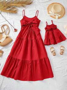 Travachic KIDS Babygirl Cute Summer Vacation Red Textured Loose Strap Dress Mommy And Me Dresses Mom And Daughter Matching Dresses Family Matching Outfits Red Summer Dresses Tie Back Dresses - Red - View 1