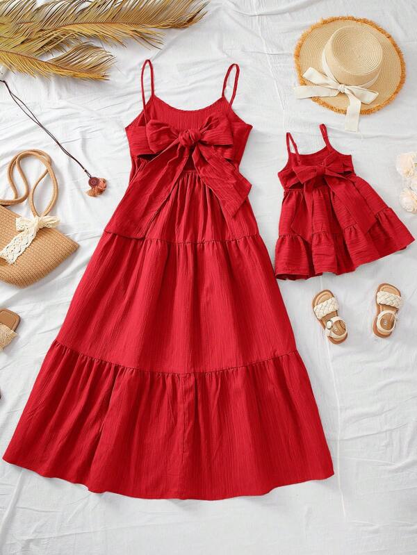 SHEIN Babygirl Cute Summer Vacation Red Textured Loose Strap Dress Mommy And Me Dresses Mom And Daughter Matching Dresses Family Matching Outfits Red Summer Dresses Tie Back Dresses