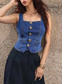 Selenza 女式休闲前扣无袖牛仔夹克 - 藍色 - 查看 8