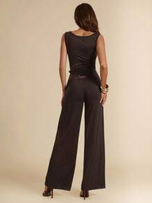 SHEIN BAE Women's Black Elegant Lace Stitching Sincere Extra Long Wide Leg Jumpsuit, Suitable For Daily Dates, Outings, Gatherings, Parties, Elegant Women's Layering, Asymmetric Wide Leg Jumpsuit, Valentine's Day Jumpsuit, Everyday Jumpsuit, Elegant Jumpsuit