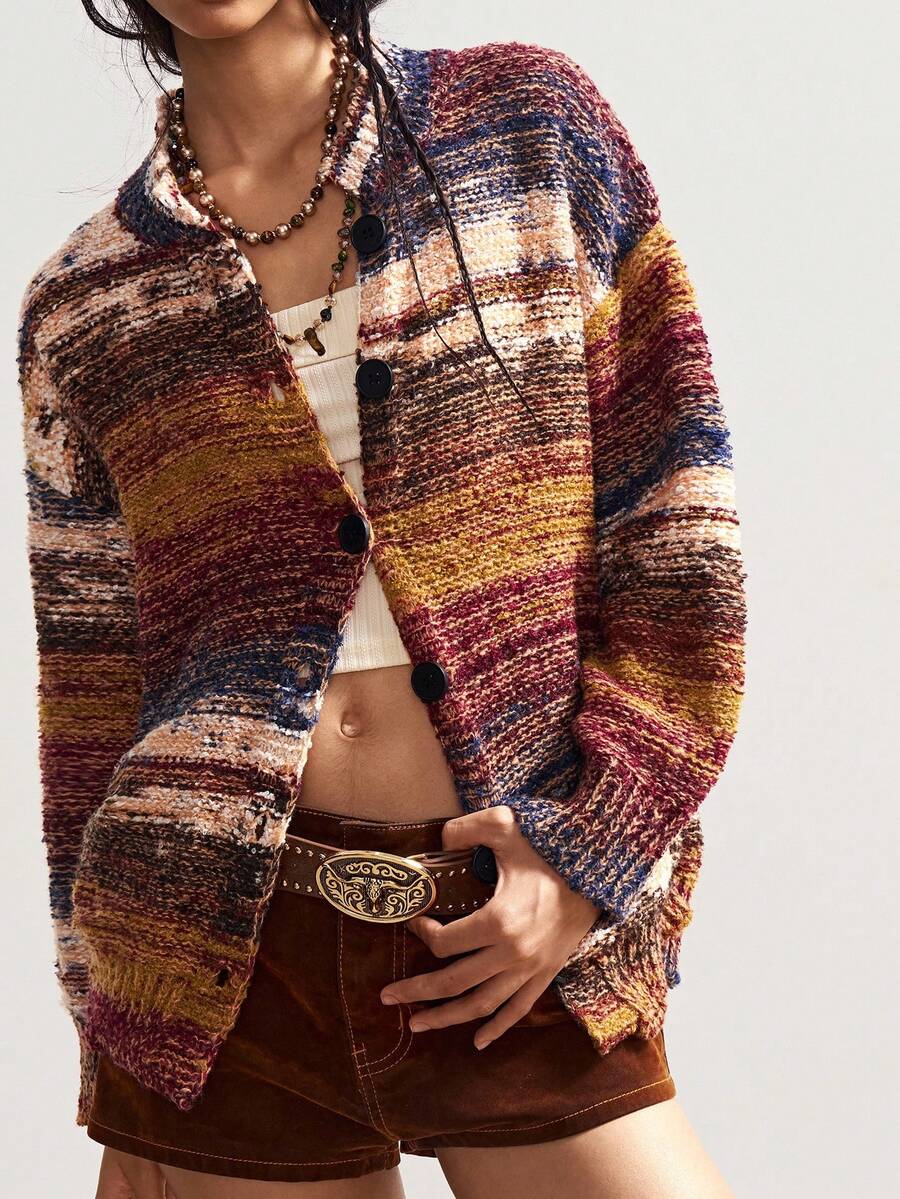 Bohemela 休闲复古撞色大理石针织宽松开衫秋季休闲 Y2K 90 年代条纹超大机场假日返校，复古西部乡村风格音乐会假期秋冬，适合度假、日常穿着和返校