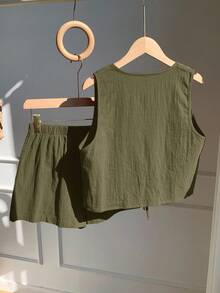 Comfortcana 女士夏季波西米亚度假橄榄绿编织腰带腰果印花背心和短裤套装