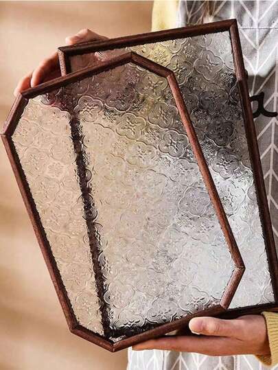 1PC Vintage Wooden Glass Storage Tray With Begonia Flower Embossed Design Walnut Color Snack Organizer Box Rectangular Polygon Shape Enamel Tea Tray Desktop Storage Serving Plate For Dried Fruit Dessert Nuts Home Kitchen Decorative Multifunctional Food Container Elegant Chinese Style Tea Table Ornament