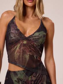 MUSERA 露背吊带罩杯，不对称下摆，网纱印花修身吊带背心（仅限上衣） 度假 伊比沙岛 优雅 伊比沙岛 可爱 海滩 节日 锐舞 波西米亚风 沙滩装 假日 优雅 春夏 - 彩色 - 查看 3