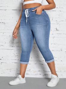 Jeanoix Celana Capri Skinny Wanita Ukuran Besar dengan Tali Serut di Pinggang dan Saku, Model Sobek-sobek - Biru - View 5